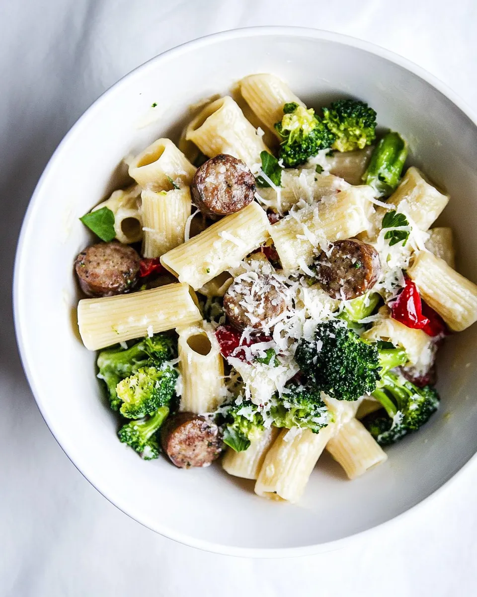 Garlic Parmesan Rigatoni with Chicken Sausage and Broccoli