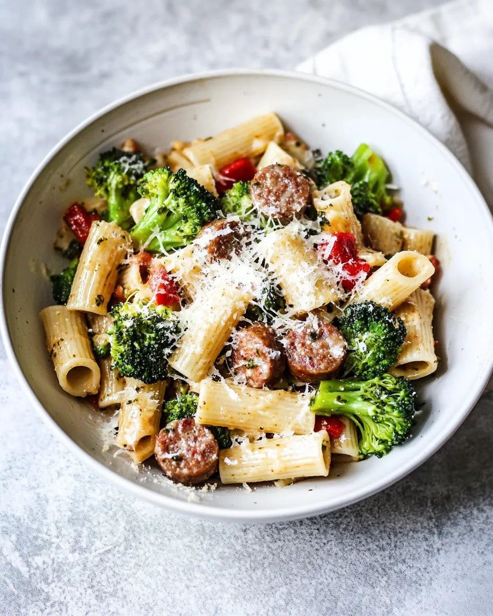 Garlic Parmesan Rigatoni with Chicken Sausage and Broccoli