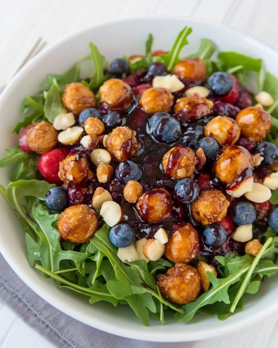 Arugula Salad with Blueberry Vinaigrette and Honey Spiced Macadamia Nuts