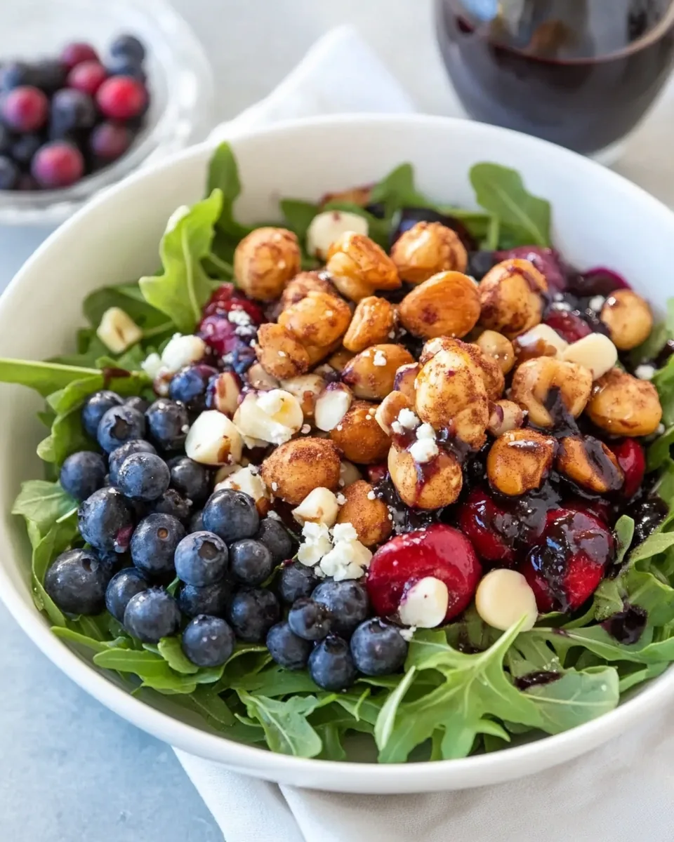 Arugula Salad with Blueberry Vinaigrette and Honey Spiced Macadamia Nuts