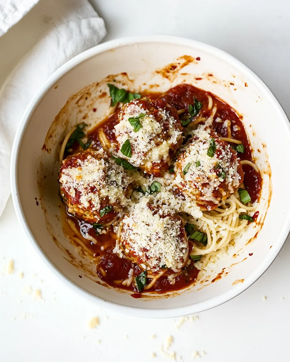 Baked Chicken Parmesan Meatballs with Roasted Garlic Spaghetti