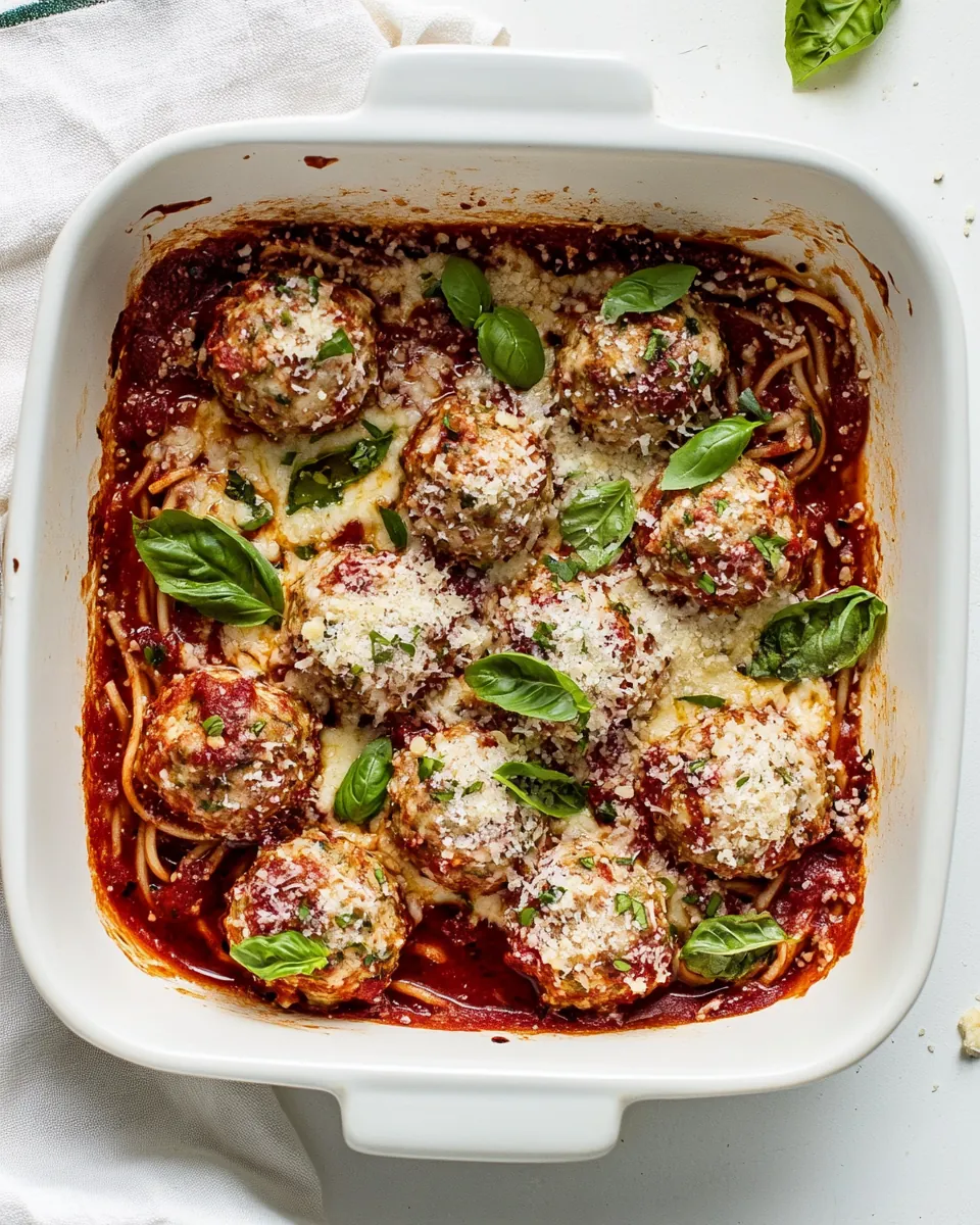 Baked Chicken Parmesan Meatballs with Roasted Garlic Spaghetti