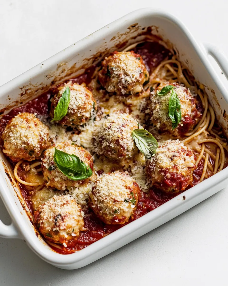 Baked Chicken Parmesan Meatballs with Roasted Garlic Spaghetti