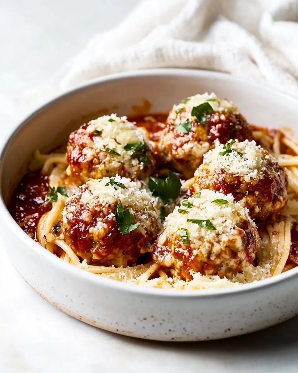 Baked Chicken Parmesan Meatballs with Roasted Garlic Spaghetti
