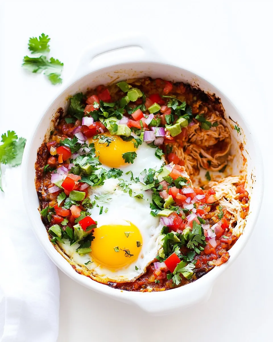 Baked Eggs with Shredded Chicken and Salsa