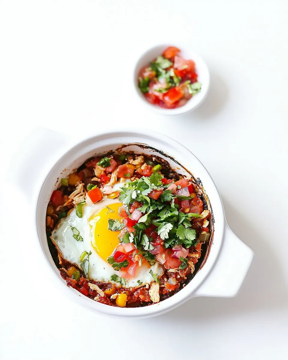 Baked Eggs with Shredded Chicken and Salsa