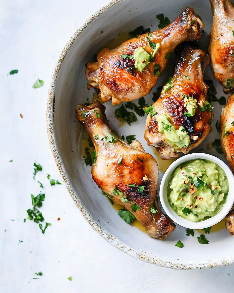 Baked Peruvian Inspired Chicken Drumsticks with Avocado Lime Dipping Sauce