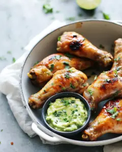 Baked Peruvian Inspired Chicken Drumsticks with Avocado Lime Dipping Sauce