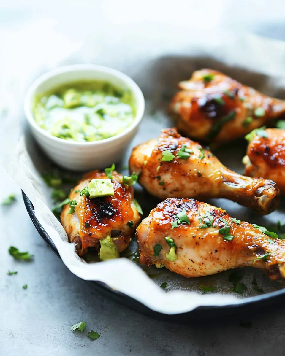 Baked Peruvian Inspired Chicken Drumsticks with Avocado Lime Dipping Sauce