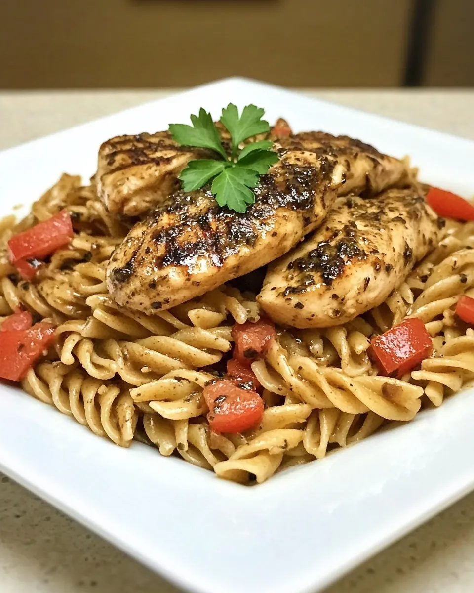 Balsamic Chicken Fillets over Whole Grain Pasta