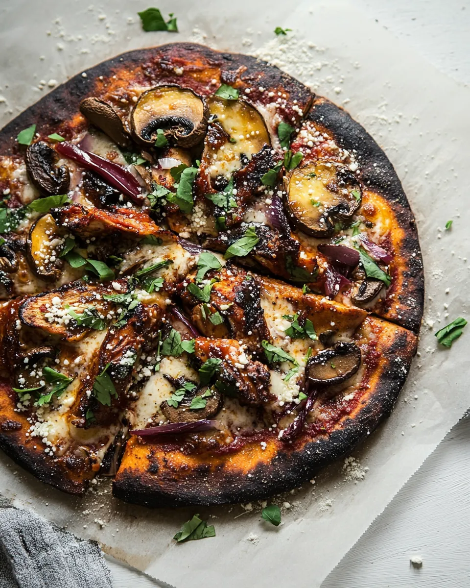 Black Pizza with Chipotle BBQ Chicken Mushrooms