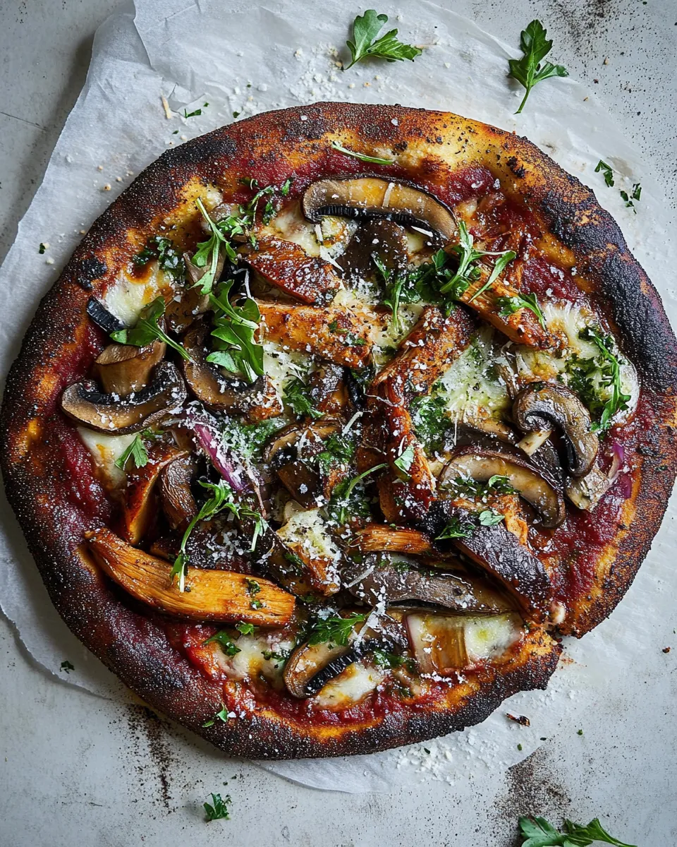 Black Pizza with Chipotle BBQ Chicken Mushrooms