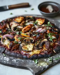 Black Pizza with Chipotle BBQ Chicken Mushrooms