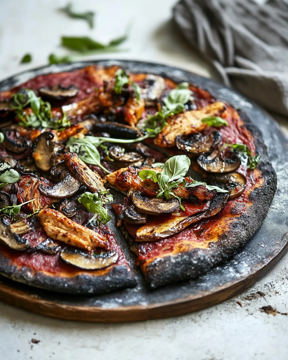 Black Pizza with Chipotle BBQ Chicken Mushrooms
