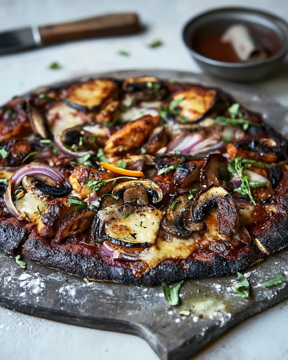 Black Pizza with Chipotle BBQ Chicken Mushrooms