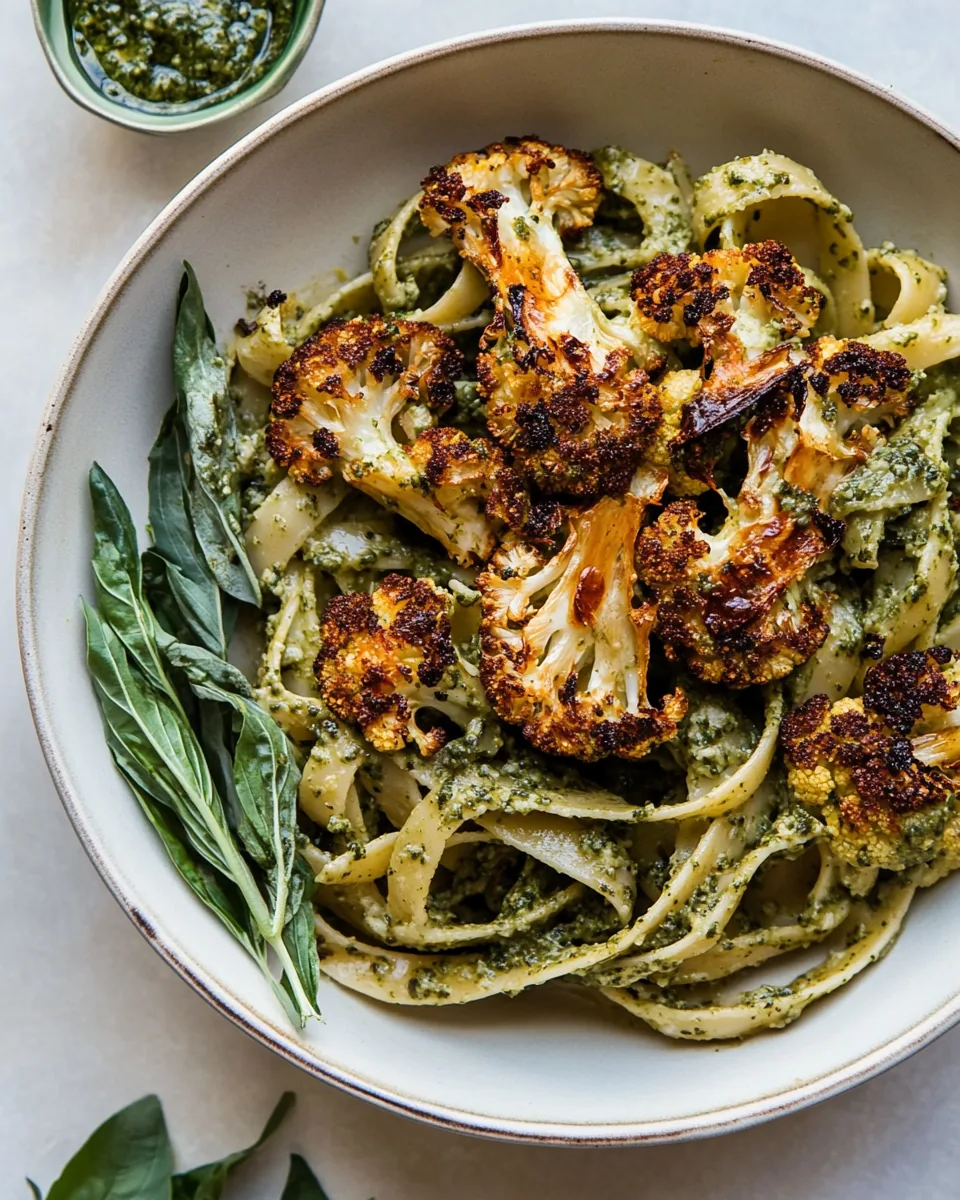 Crispy Roasted Cauliflower with Creamy Pesto Pasta