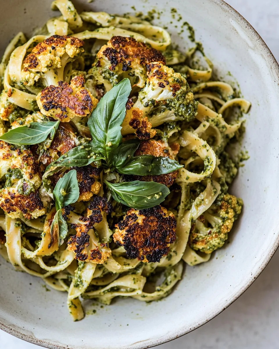Crispy Roasted Cauliflower with Creamy Pesto Pasta