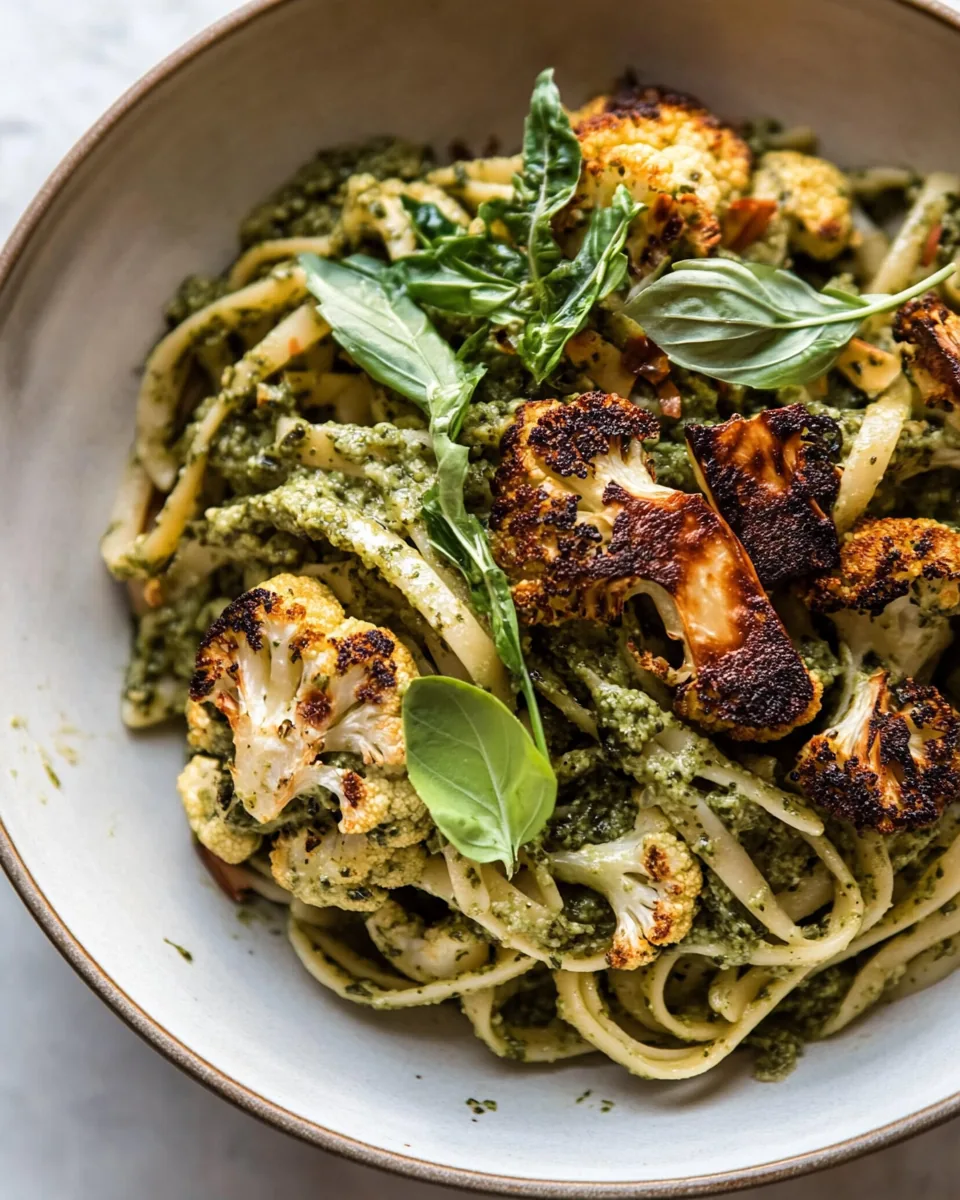 Crispy Roasted Cauliflower with Creamy Pesto Pasta