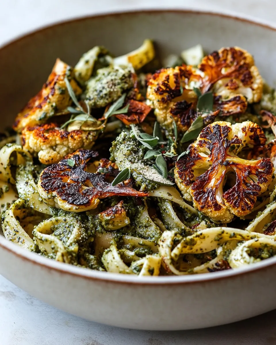 Crispy Roasted Cauliflower with Creamy Pesto Pasta