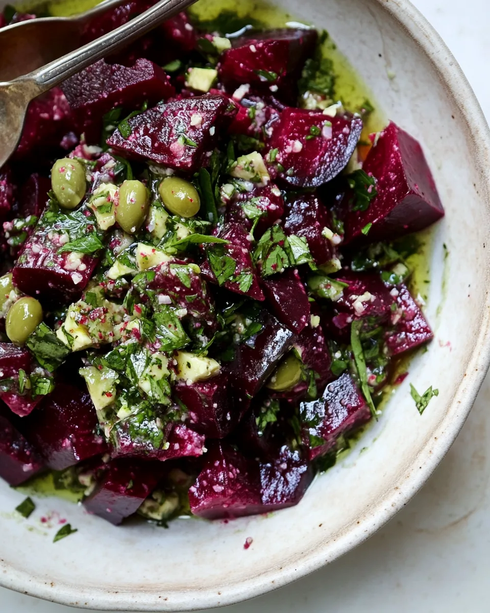 Crushed Beets with Chunky Olive Mint Dressing