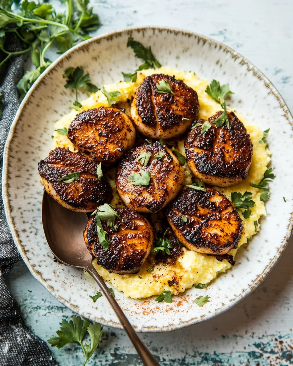 Honey Butter Blackened Scallops with Herby Polenta