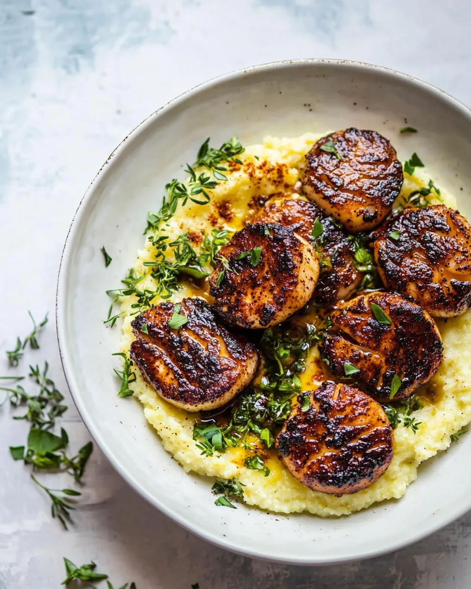 Honey Butter Blackened Scallops with Herby Polenta