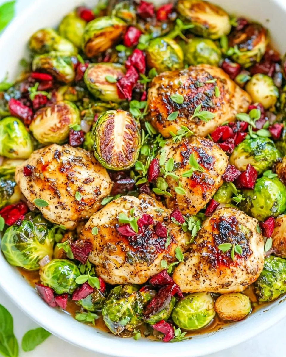 Jeweled Honey Balsamic Chicken Brussels Sprouts