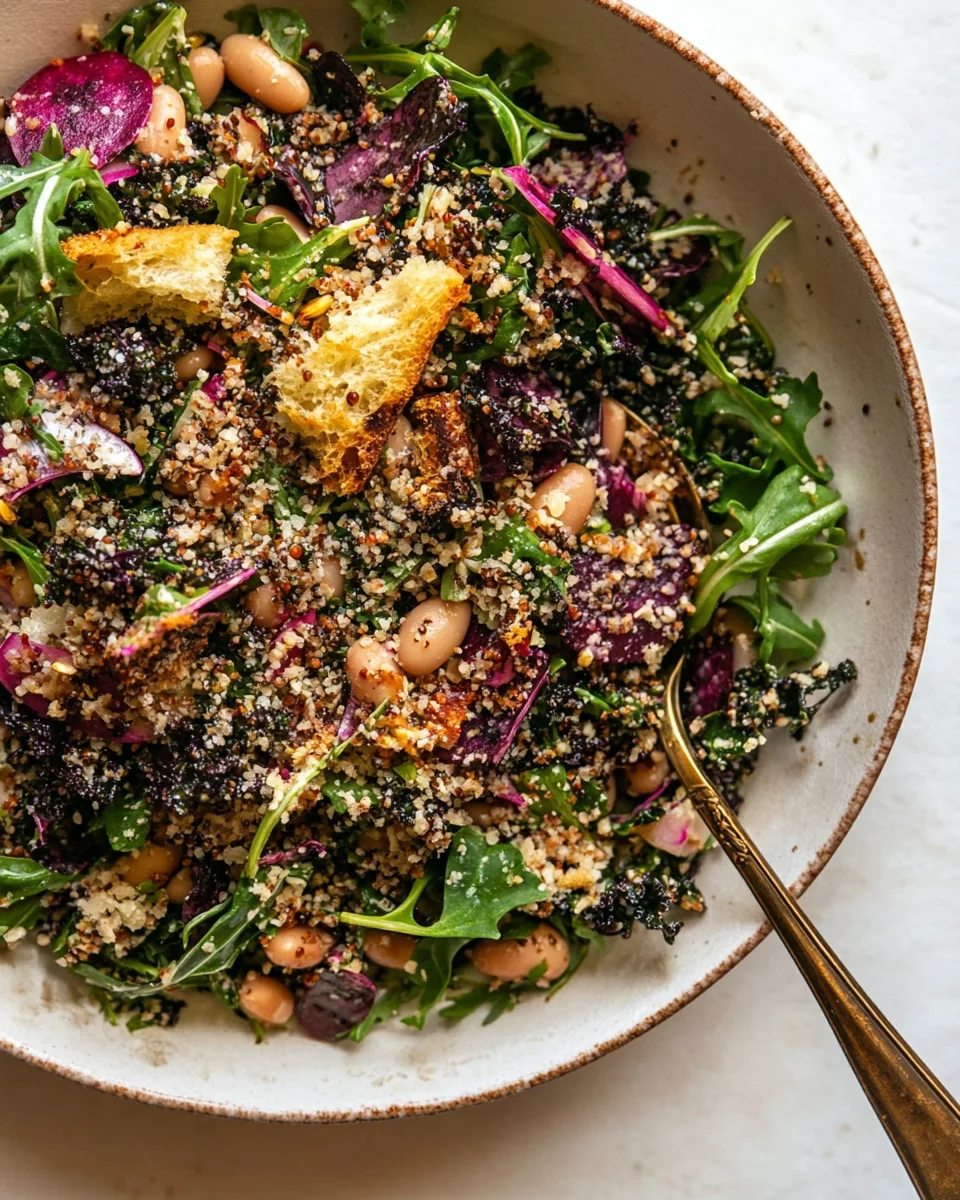 Kale Arugula Butter Bean Salad with Mustard Tahini Garlicky Bread Crumbs
