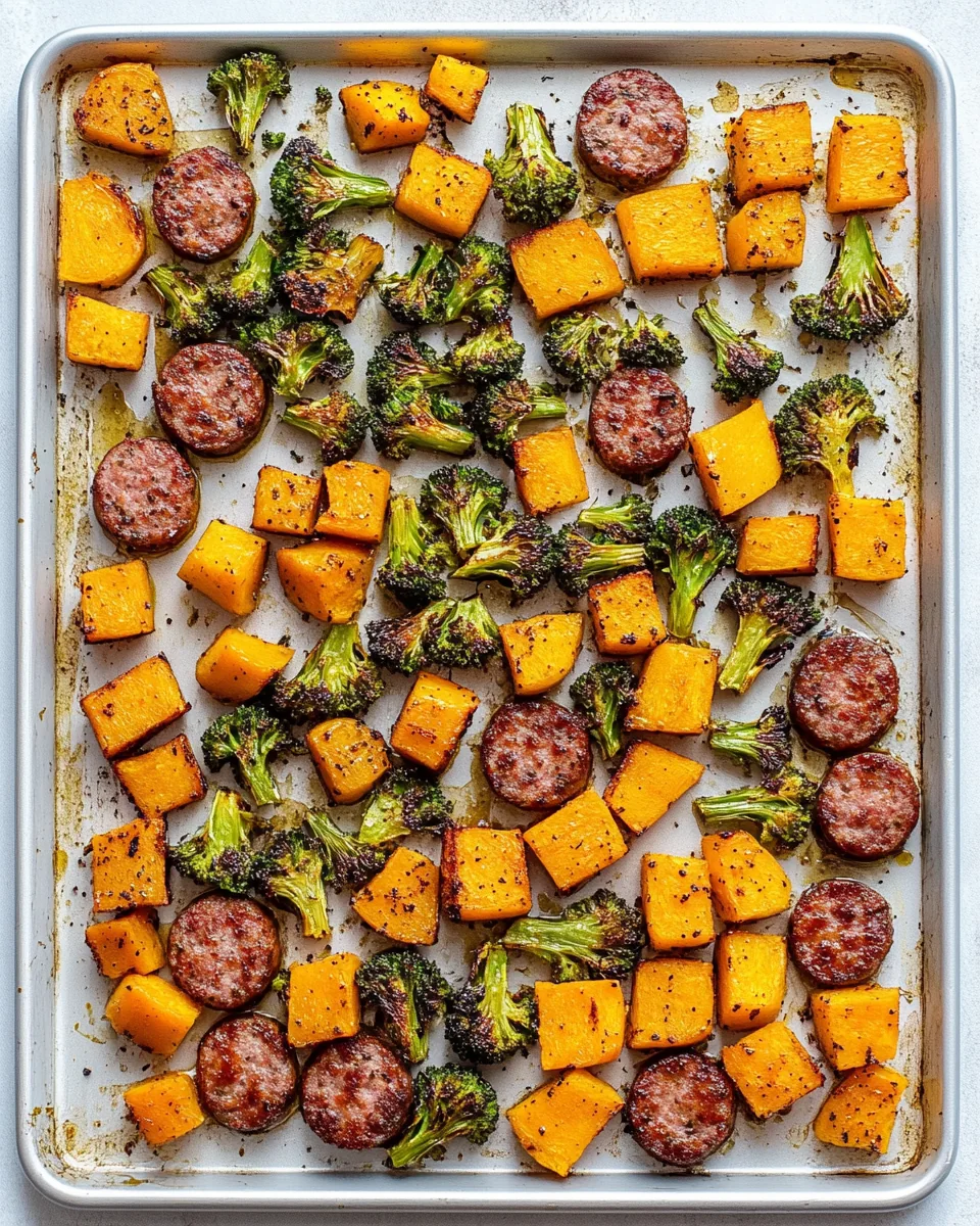 Maple Sheet Pan Smoked Sausage with Butternut and Brussels