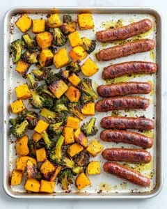 Maple Sheet Pan Smoked Sausage with Butternut and Brussels