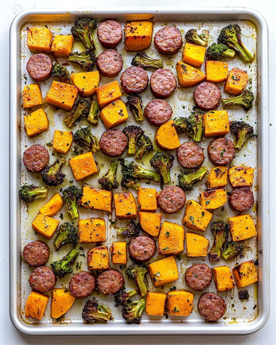 Maple Sheet Pan Smoked Sausage with Butternut and Brussels