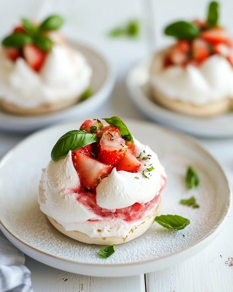 Meringue Nests with Basil Scented Strawberry Rhubarb Compote