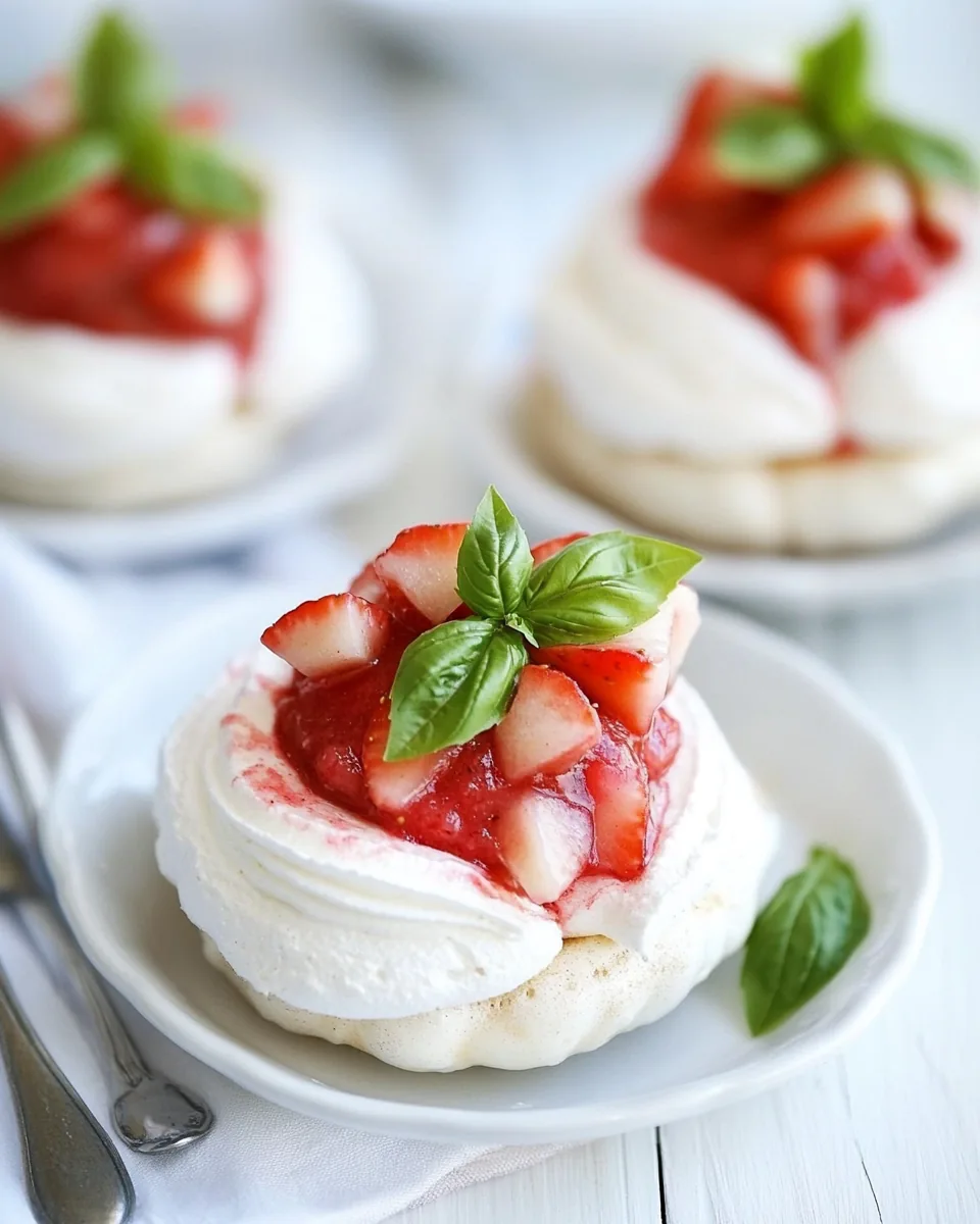 Meringue Nests with Basil Scented Strawberry Rhubarb Compote