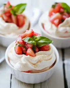 Meringue Nests with Basil Scented Strawberry Rhubarb Compote