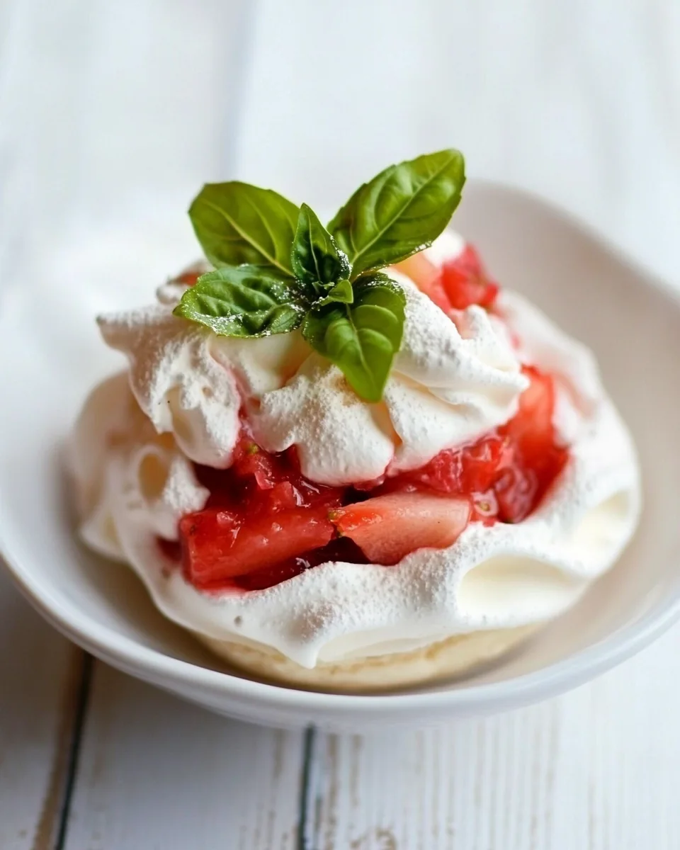 Meringue Nests with Basil Scented Strawberry Rhubarb Compote