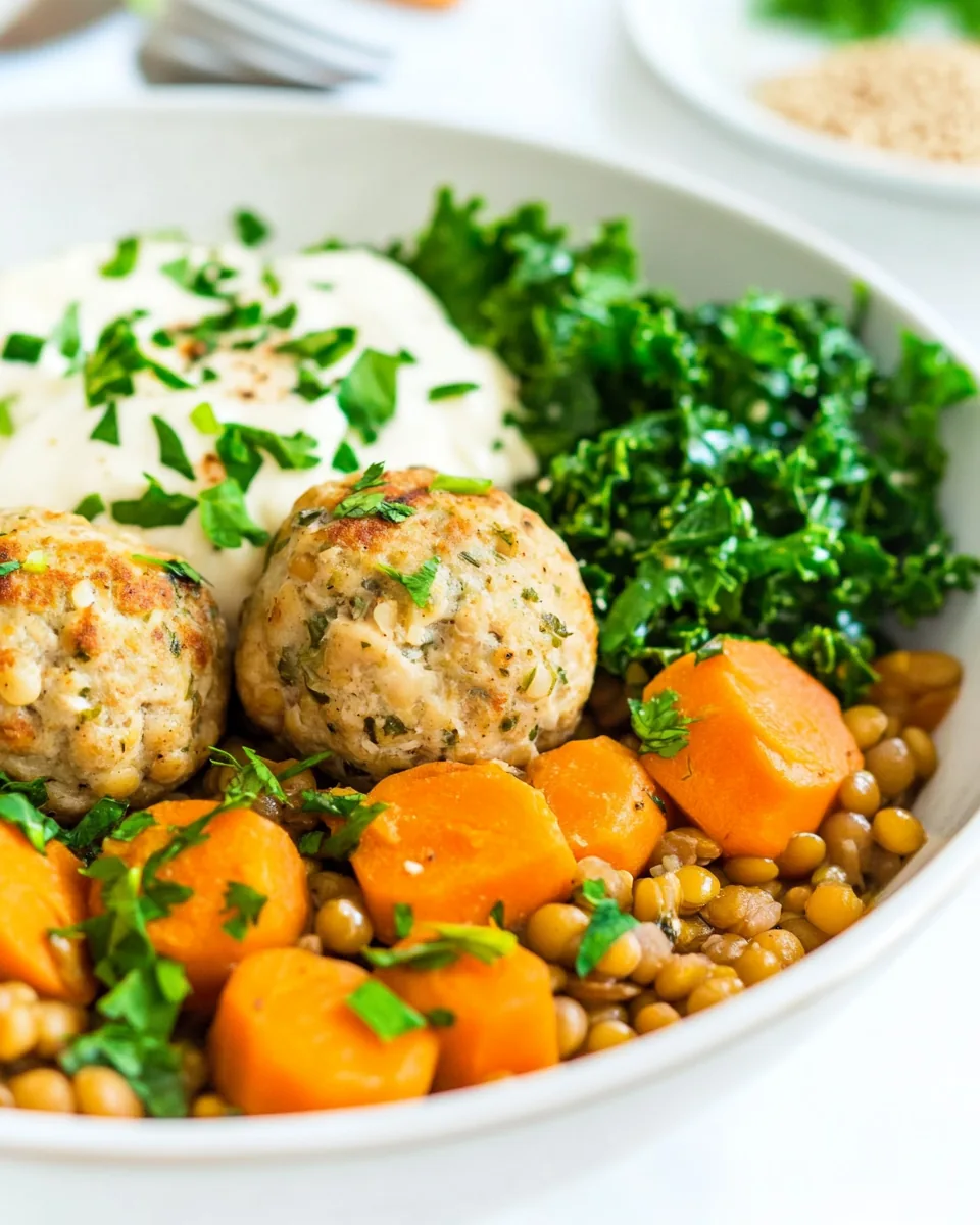 Nourishing Lentil Bowl with Kale and Chicken Meatballs