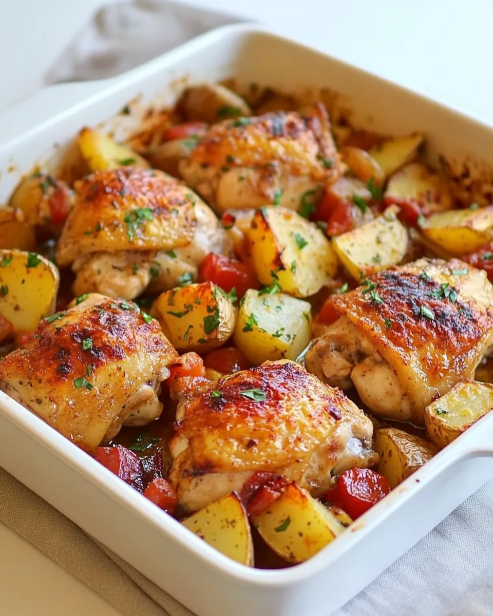 One Pan Garlic Roasted Chicken Thighs with Potatoes