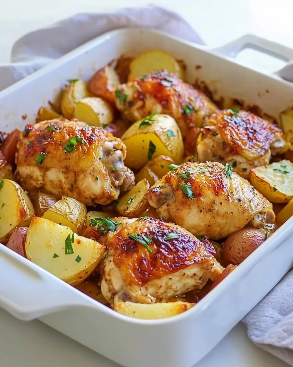 One Pan Garlic Roasted Chicken Thighs with Potatoes