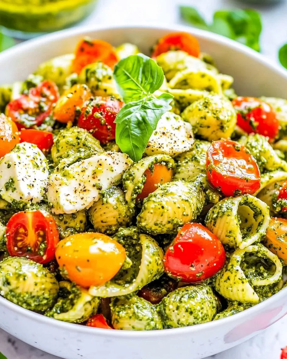 Tomato Mozzarella Pesto Pasta Salad