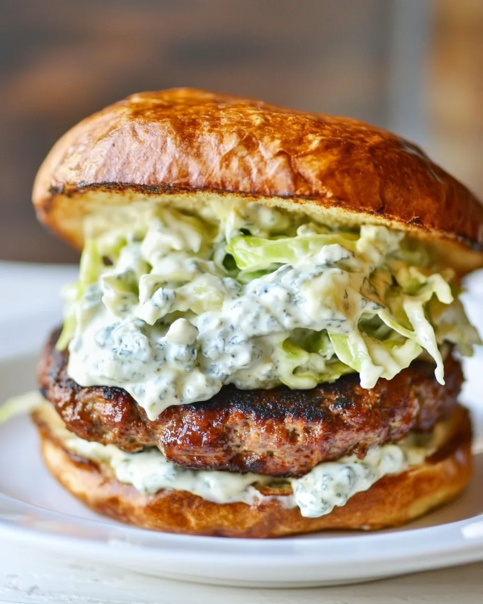 Turkey Burgers with Creamy Gorgonzola Chili Garlic Slaw